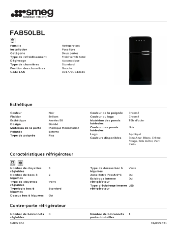 Product information | Smeg FAB50LBL Réfrigérateur combiné Product fiche | Fixfr