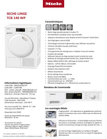Product information | Miele TCB 140 WP Sèche linge pompe à chaleur Product fiche | Fixfr