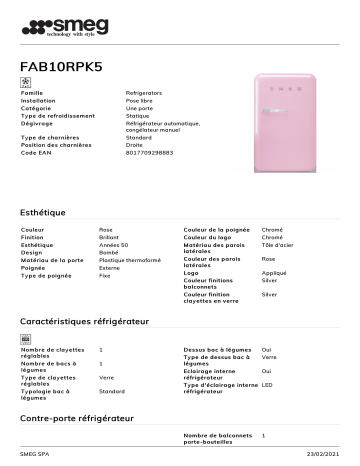 Product information | Smeg FAB10RPK5 Réfrigérateur 1 porte Product fiche | Fixfr