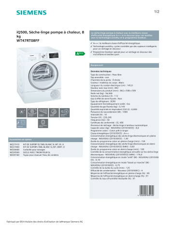 Product information | Siemens WT47RT08FF iSensoric Sèche linge pompe à chaleur Product fiche | Fixfr