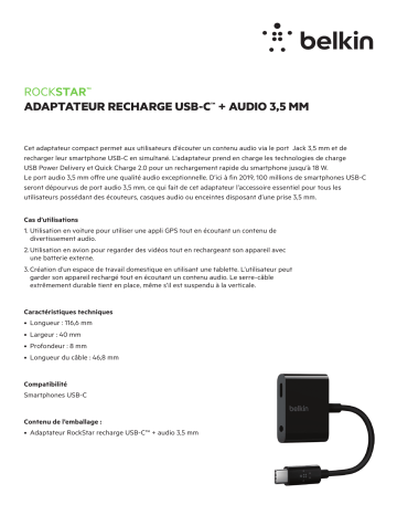 Product information | Belkin RockStar USB-C + Jack Audio Câble USB C Product fiche | Fixfr