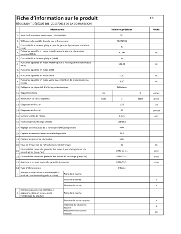 Product information | TCL 50C725 Android TV 2021 TV QLED Product fiche | Fixfr
