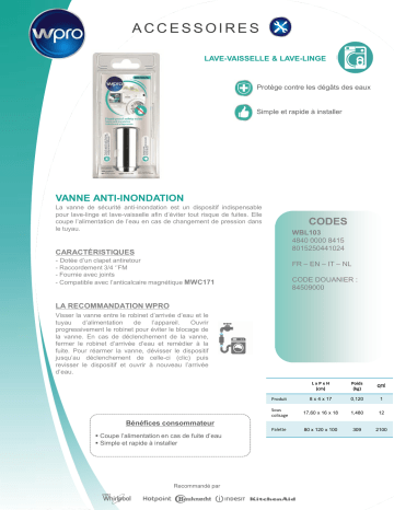 Product information | Wpro Vanne Anti inondation - wbl 103 Vanne anti-inondation Product fiche | Fixfr