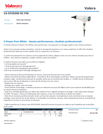 Product information | Valera E power 2020D pure white Sèche cheveux Product fiche | Fixfr