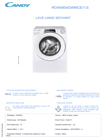 Product information | Candy ROW4854DWMCE/1-S Lave linge séchant hublot Product fiche | Fixfr