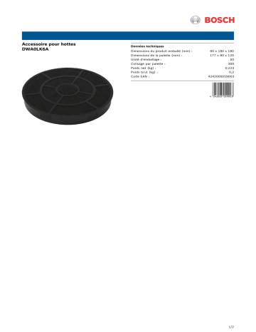 Product information | Bosch a charbon DWA0LK6A Filtre à charbon Product fiche | Fixfr