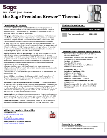 Product information | Sage Appliances BREWER THERMAL SDC450BSS4EEU1 Cafetière filtre Product fiche | Fixfr