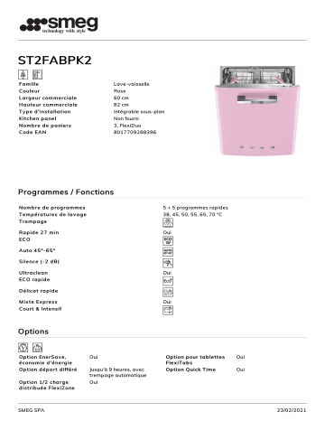 Product information | Smeg ST2FABPK2 Lave vaisselle encastrable Product fiche | Fixfr
