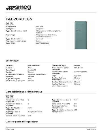 Product information | Smeg FAB28RDEG5 Réfrigérateur 1 porte Product fiche | Fixfr