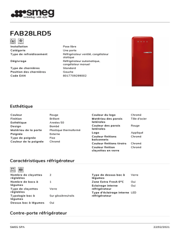 Product information | Smeg FAB28LRD5 Réfrigérateur 1 porte Product fiche | Fixfr