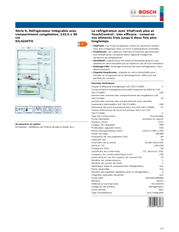 Product information | Bosch KIL42AFF0 Réfrigérateur 1 porte encastrable Product fiche | Fixfr