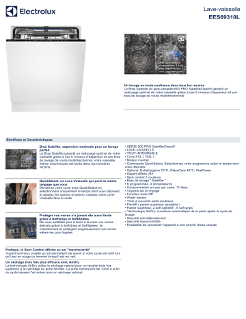 Product information | Electrolux EES69310L Lave vaisselle tout intégrable 60 cm Product fiche | Fixfr