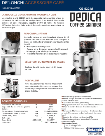 Product information | Delonghi KG520M Moulin à café Product fiche | Fixfr