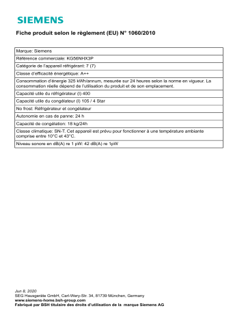 Product information | Siemens KG56NHX3P Connecté Réfrigérateur combiné Product fiche | Fixfr