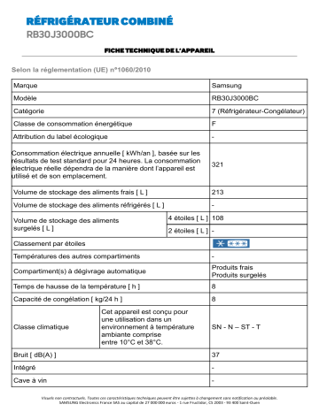 Product information | Samsung RB30J3000BC/EF Réfrigérateur combiné Product fiche | Fixfr