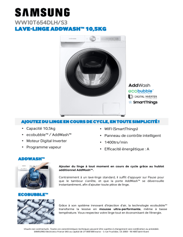 Product information | Samsung WW10T654DLH Lave linge hublot Product fiche | Fixfr