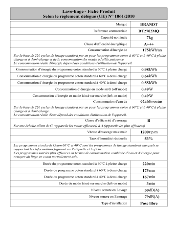 Product information | Brandt BT2702MQ Lave linge top Product fiche | Fixfr