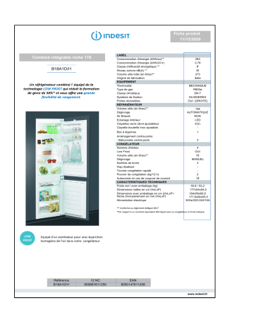 Product information | Indesit B18A1D/I1 Réfrigérateur combiné encastrable Product fiche | Fixfr