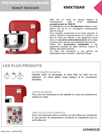 Product information | Kenwood KMX750AR Kmix rouge Robot pâtissier Product fiche | Fixfr