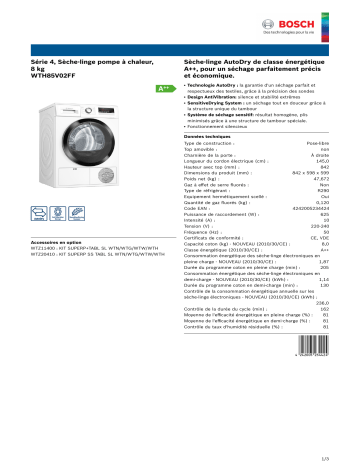Product information | Bosch WTH85V02FF Sèche linge pompe à chaleur Product fiche | Fixfr