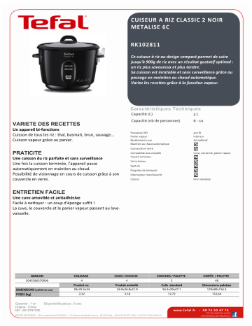 Product information | Tefal RK102811 CLASSIC 2 NOIR METALISE 6C Cuiseur à riz Product fiche | Fixfr