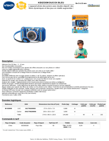 Product information | Vtech Kidizoom Duo DX bleu Appareil photo enfant Product fiche | Fixfr