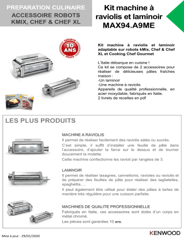 Product information | Kenwood MAX94A9ME Kit Laminoir + raviolis Laminoir Product fiche | Fixfr
