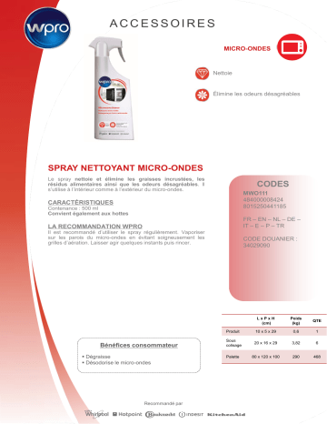 Product information | Wpro Spray nettoyant MO MWO111 Nettoyant Product fiche | Fixfr