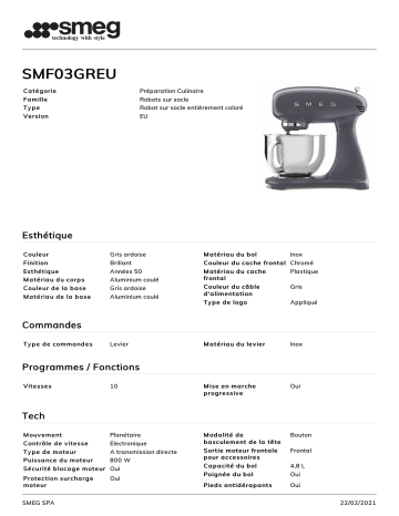 Product information | Smeg SMF03GREU Gris Robot pâtissier Product fiche | Fixfr