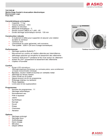 Product information | Asko T411VD.W Sèche linge à évacuation Product fiche | Fixfr