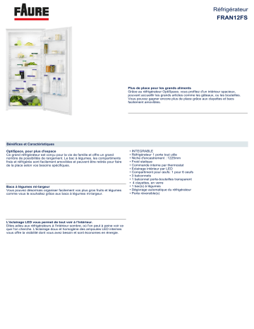 Product information | Faure FRAN12FS Réfrigérateur 1 porte encastrable Product fiche | Fixfr