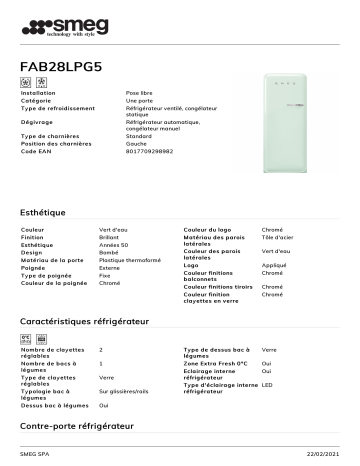 Product information | Smeg FAB28LPG5 Réfrigérateur 1 porte Product fiche | Fixfr