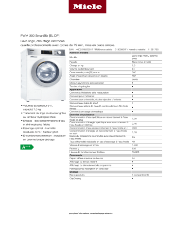 Product information | Miele PWM 300 SmartBiz Lave linge professionnel Product fiche | Fixfr