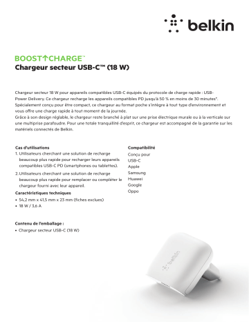 Product information | Belkin 18W USB-C blanc Chargeur secteur Product fiche | Fixfr