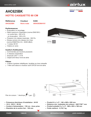 Product information | Airlux AHC625BK Hotte casquette Product fiche | Fixfr