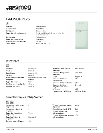 Product information | Smeg FAB50RPG5 Réfrigérateur combiné Product fiche | Fixfr