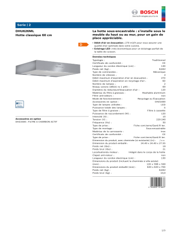 Product information | Bosch DHU626ML Hotte casquette Product fiche | Fixfr