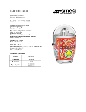 Product information | Smeg CJF01DGEU Dolce Gabbana Presse-agrumes Product fiche | Fixfr