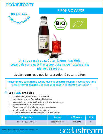 Product information | Sodastream Bio CASSIS 500 ml Concentré Product fiche | Fixfr