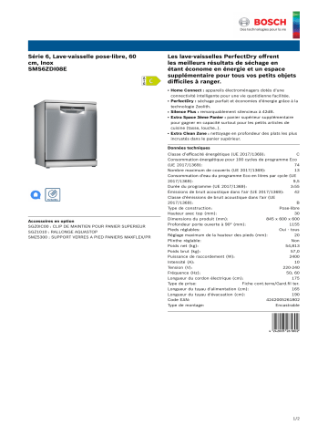 Product information | Bosch SMS6ZDI08E Lave vaisselle 60 cm Product fiche | Fixfr