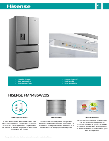 Product information | Hisense FMN486W20S Réfrigérateur multi portes Product fiche | Fixfr