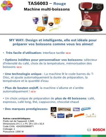 Product information | Bosch My Way TAS6003 Rouge Tassimo Product fiche | Fixfr