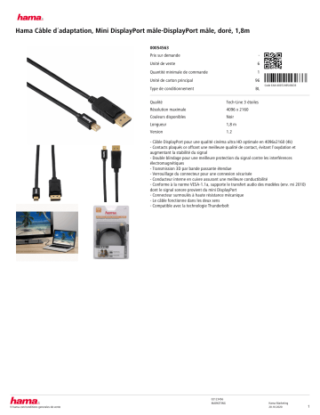 Product information | Hama mini DisplayPort - DisplayPort 1.8 Câble Mini Display Port Product fiche | Fixfr