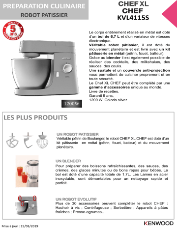 Product information | Kenwood KVL4115S Chef XL Silver Robot pâtissier Product fiche | Fixfr