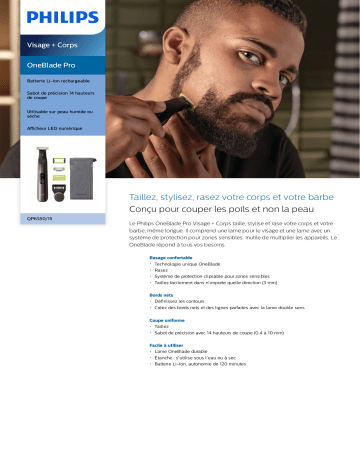 Product information | Philips OneBlade Pro Visage & Corps QP6550/15 Tondeuse barbe Product fiche | Fixfr