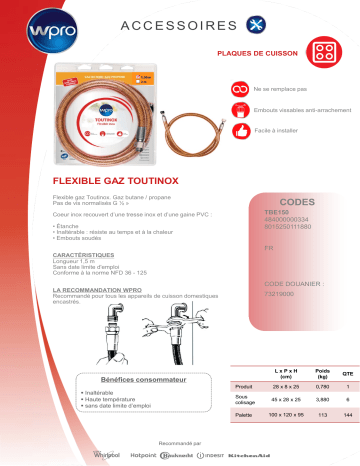 Product information | Wpro TBE150 but/prop 1.5m illimité Tuyaux gaz Product fiche | Fixfr