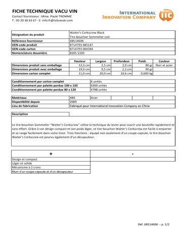 Product information | Vacuvin Sommelier à deux crans Tire bouchon Product fiche | Fixfr