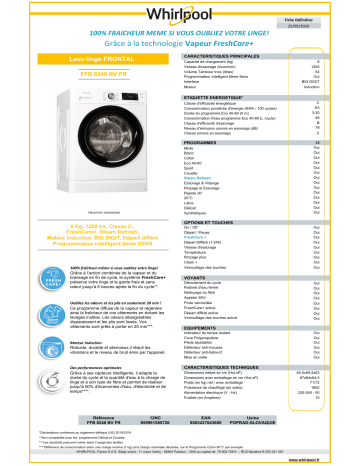 Product information | Whirlpool FFB8248BVFR Lave linge hublot Product fiche | Fixfr