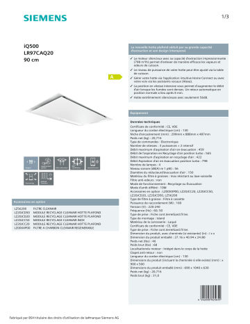 Product information | Siemens LR97CAQ20 Hotte plafond Product fiche | Fixfr