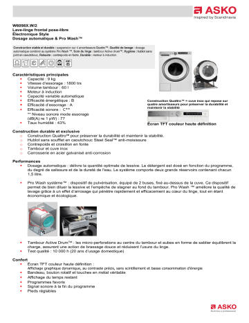 Product information | Asko W6098X. Lave linge hublot Product fiche | Fixfr